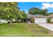 Charming single-story home with a well-manicured lawn and a two car garage, under a clear blue sky at 26807 Bull Run, Leesburg, FL 34748