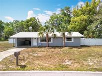 Charming single-story home featuring a light gray exterior and two palm trees in the front yard at 398 Rose St, Umatilla, FL 32784