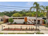 Unique mid-century home featuring a concrete fence, stucco walls, and orange trim at 2303 Bonneville Dr, Orlando, FL 32826
