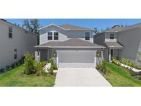 Charming two-story home with a gray facade, well-maintained lawn, and a two-car garage, nestled between neighboring houses at 1105 Grand Hammock Ct, Kissimmee, FL 34746