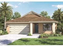 Inviting single-story home showcasing a tan facade, neat landscaping, and a convenient attached two-car garage at 4582 Boxwood Way, Mount Dora, FL 32757