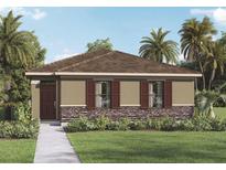 Charming single-story home with brown shutters, stone accents, and lush landscaping and palm trees at 5290 Scrub Mint Ln, Apopka, FL 32712