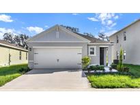 Charming single-Gathering home featuring a two-car garage, manicured lawn, and inviting curb appeal at 805 Ambleside Dr, Haines City, FL 33844