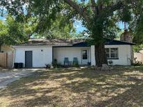 Charming single-story home with a front porch, mature tree, and white siding at 890 Emerald Dr, Mount Dora, FL 32757