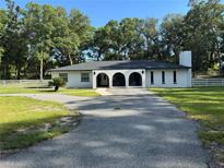 Charming single-story home featuring a long driveway, arched entry, neutral paint, and large, mature trees at 16742 Se 165Th Ave, Weirsdale, FL 32195