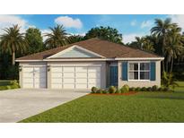 New construction home featuring a three-car garage, light-colored exterior, and dark blue front door with matching shutters at 1351 Morning Walk Dr, Ormond Beach, FL 32174