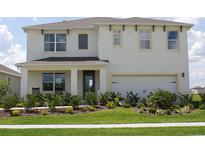 Two-story home with a two-car garage, complemented by a well-manicured lawn and inviting landscaping at 2155 Kalin Way, Tavares, FL 32778