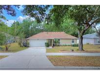 Charming single-story home features a well-maintained lawn, mature trees, and attached two-car garage at 618 Meadow Park Dr, Minneola, FL 34715