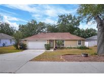 Charming single-story home with a well-manicured lawn, mature trees, and a two car garage at 618 Meadow Park Dr, Minneola, FL 34715