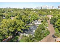 Aerial view of a property surrounded by mature trees and greenery; showcases location near cityscape at 100 Kennison Dr, Orlando, FL 32801