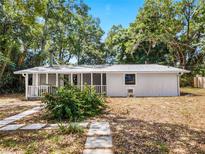 Charming single story home with a covered porch, white columns, and stepping stone walkway at 1650 Old Eustis Rd, Mount Dora, FL 32757