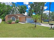 Single-story home featuring a well-manicured lawn, mature trees and an attached garage with decorative stone features at 3795 Rachel St, Apopka, FL 32703