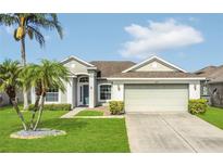 Charming single-story home featuring lush landscaping, a two-car garage, and a welcoming entryway at 2975 White Cedar Cir, Kissimmee, FL 34741
