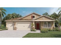 Charming single-story home showcasing a three-car garage, complemented by lush landscaping and a cozy front porch at 7213 Nottingham Reel Ct, St Cloud, FL 34773