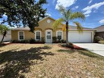 Charming single-story home with a well-manicured lawn, palm tree, and attached two-car garage at 1912 Conch Ln, Kissimmee, FL 34759