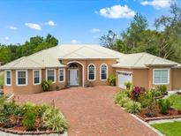 Inviting single-story house with brick driveway, lush landscaping, arched entryway, and a metal roof in a verdant setting at 2002 Adair St, Ocoee, FL 34761