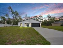 New construction home with dark grey accents, black garage door and green grass in the yard at 357 Marion Oaks Pass, Ocala, FL 34473