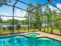 Screened pool and spa overlooking lush landscaping and tranquil lake views at 1846 Branchwater Trl, Orlando, FL 32825