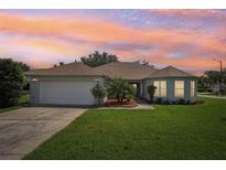 Charming single-story home featuring a well-manicured lawn and inviting curb appeal against a colorful sunset sky at 26609 Bull Run, Leesburg, FL 34748