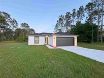 Well-maintained single-story home with a modern design, gray garage door, and green lawn at 14 Fir Trail Way, Ocala, FL 34472