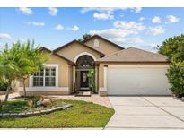 Charming single-story home featuring a two-car garage, well-manicured lawn, and beautifully landscaped front yard at 219 Old Mill Cir, Kissimmee, FL 34746