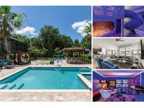 Backyard with pool, tiki bar, chess, custom bunks, living room, and game room showcasing luxury and entertainment at 8180 Valhalla Ter, Reunion, FL 34747