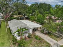 Aerial view of a single-story home with mature trees and landscaping, with a long driveway and covered front entrance at 171 Stanley Bell Dr, Mount Dora, FL 32757