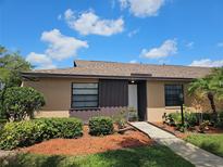 Charming one story villa with well maintained landscaping, brown mulch, and freshly cut grass on a partially cloudy day at 2316 E Margarita Ct, Kissimmee, FL 34741