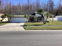 Charming single-story home with a well-manicured lawn, palm trees, and a two-car garage at 116 Blackwater Ct, Kissimmee, FL 34743