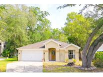 Charming single-story home with a well-maintained lawn and mature trees. Features a two-car garage and inviting front entrance at 254 Oak Park Pl, Casselberry, FL 32707