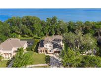 Stunning aerial view of the property with lush green surroundings, partial lake view, and a screened in pool at 557 Lake Cove Pointe Cir, Winter Garden, FL 34787