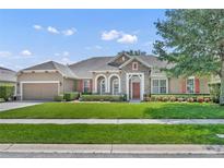Charming single-story home with manicured lawn, stone accents, red door, and lush landscaping at 369 Torgiano Dr, Ocoee, FL 34761