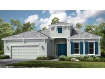 Charming one-story home features a two-car garage, well manicured lawn, blue door, and lovely architectural details at 5658 Nevis Ter, Kissimmee, FL 34758