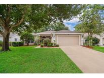 Charming home featuring a lush lawn, mature trees, and a two-car garage at 3843 Beacon Ridge Way, Clermont, FL 34711