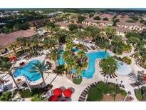 Aerial view of the community pool area, with lounge chairs and palm trees surrounding blue, inviting waters at 4031 Calabria Avenue, Davenport, FL 33897