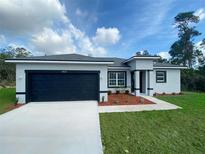 Charming single Gathering home featuring a dark garage door, inviting walkway and well-manicured lawn at 2837 Sw 173Rd Street Rd, Ocala, FL 34473