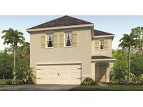 Two-story home with a two-car garage, neutral stucco facade, complemented by tan shutters and well-maintained landscaping at 3061 Moulin Rd, Davenport, FL 33837