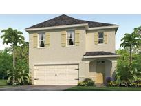 Charming two-story home with a two-car garage, landscaped yard and light tan stucco at 3065 Moulin Rd, Davenport, FL 33837