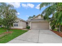 Charming single-story home with a well-manicured lawn and a two-car garage and beautiful landscaping at 2956 White Cedar Cir, Kissimmee, FL 34741