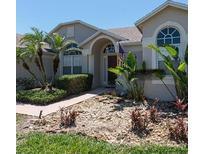Charming single-story home featuring mature palm trees and a well-maintained, colorful stone garden at 145 Henue Ct, Davenport, FL 33896