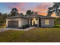 Inviting single-story home featuring a two car garage, modern design, and well-maintained landscaping at sunset at 3072 Sw 168Th Loop, Ocala, FL 34473