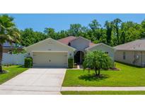 Charming single-story home with a manicured lawn, mature palm trees, and a two-car garage at 7233 Mystic Brook Way, Davenport, FL 33896