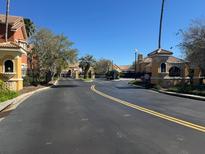 Inviting community entrance with well-maintained landscaping, gate, and attractive architecture at 8801 Villa View Cir # 207, Orlando, FL 32821