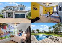 Real estate listing showcasing the property's exterior elevation, two themed bedrooms, and a private pool with lawn chairs at 7739 Graben St, Kissimmee, FL 34747