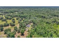 An aerial view of a single-story home nestled among mature trees in a heavily wooded area at 16758 Ne 135Th Ave, Fort Mc Coy, FL 32134