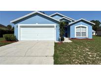Charming single-story home with a well-maintained lawn, and a white garage door at 703 Tartan Loop, Lake Wales, FL 33853