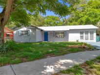 Charming single-story home featuring a freshly painted exterior, blue door, and well-maintained front lawn at 1307 Jean Ct, Eustis, FL 32726