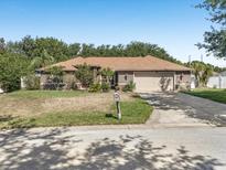 Charming single-story home featuring a well-manicured lawn, a two-car garage, and mature trees in a suburban neighborhood at 10247 Mason Loop, Clermont, FL 34711