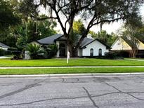 Charming single-story home with lush front lawn and mature trees, creating an inviting curb appeal at 460 W Palm Valley Dr, Oviedo, FL 32765