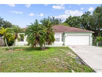 Charming single-story home featuring a two-car garage, manicured lawn, and mature palm trees at 14 Sequoia Way, Kissimmee, FL 34758